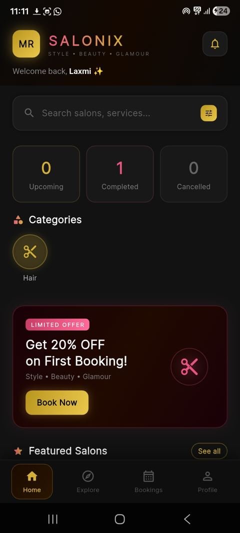 MR Salonix™ app home screen showing categories and offers