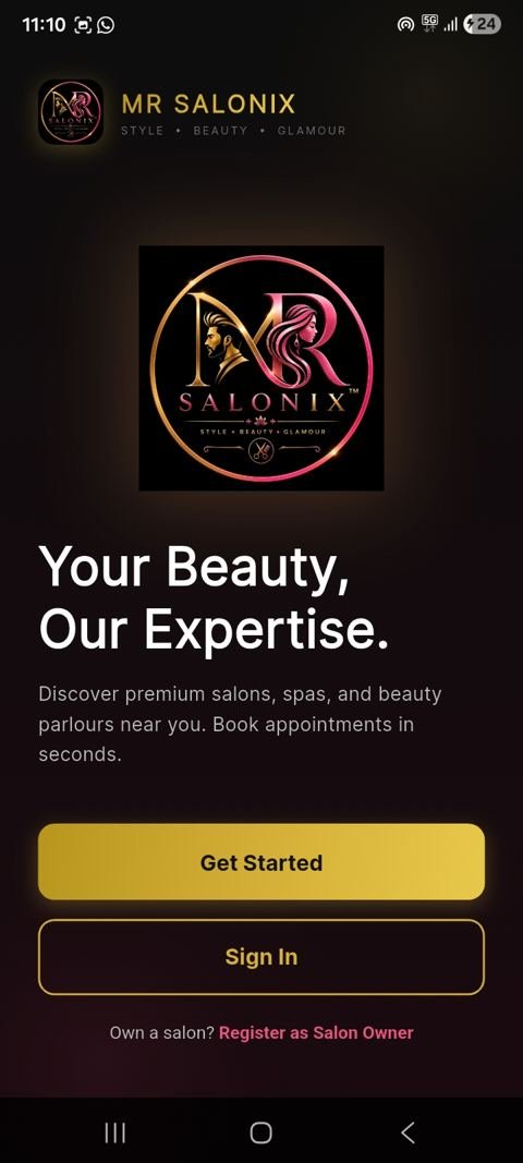 MR Salonix™ app welcome screen with Get Started and Sign In options